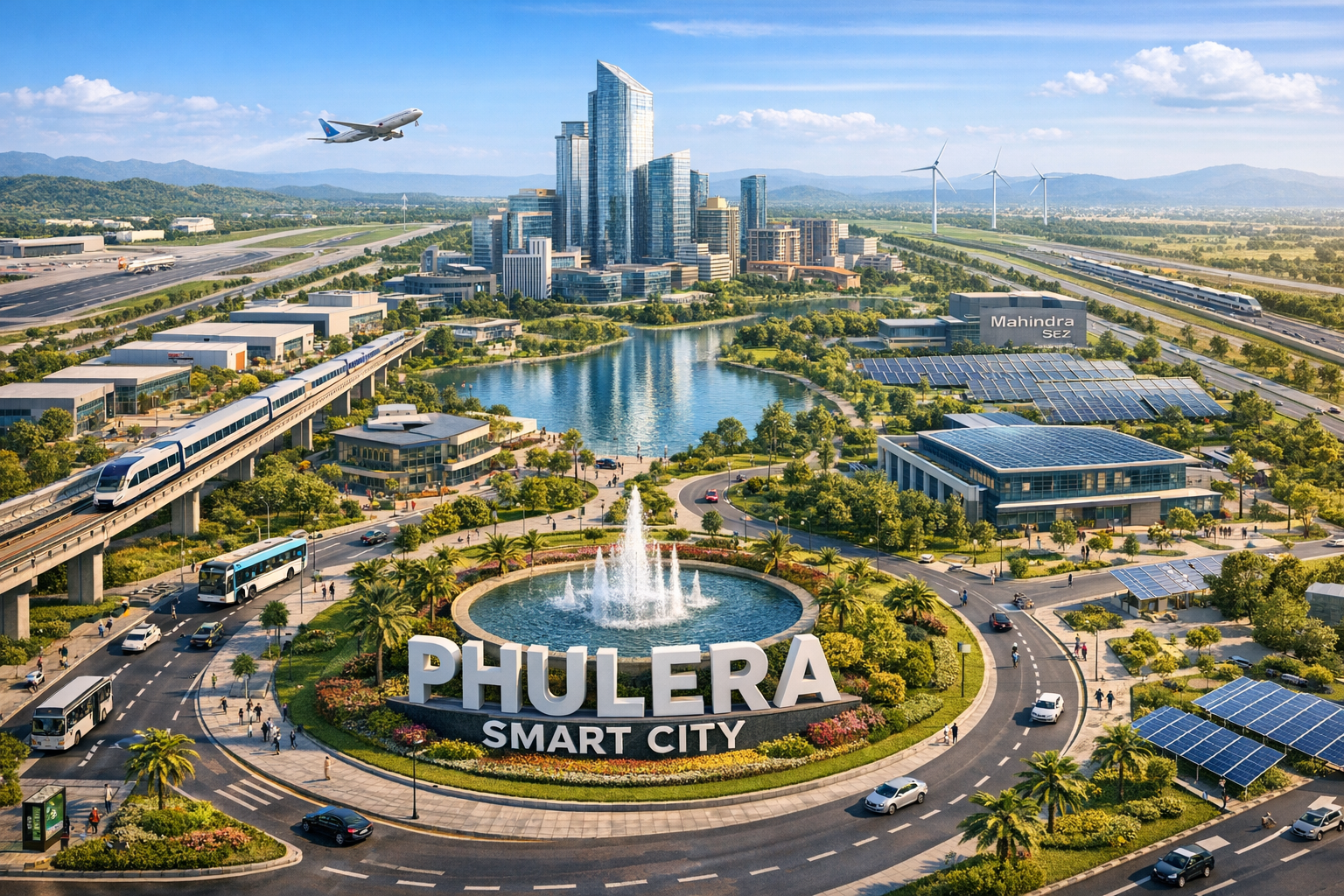 Aerial view of Phulera Smart City showcasing a modern urban landscape with a central roundabout fountain, wide roads with traffic, metro rail line, solar panels, green spaces, and a skyline of contemporary high-rise buildings, with an airplane flying overhead.